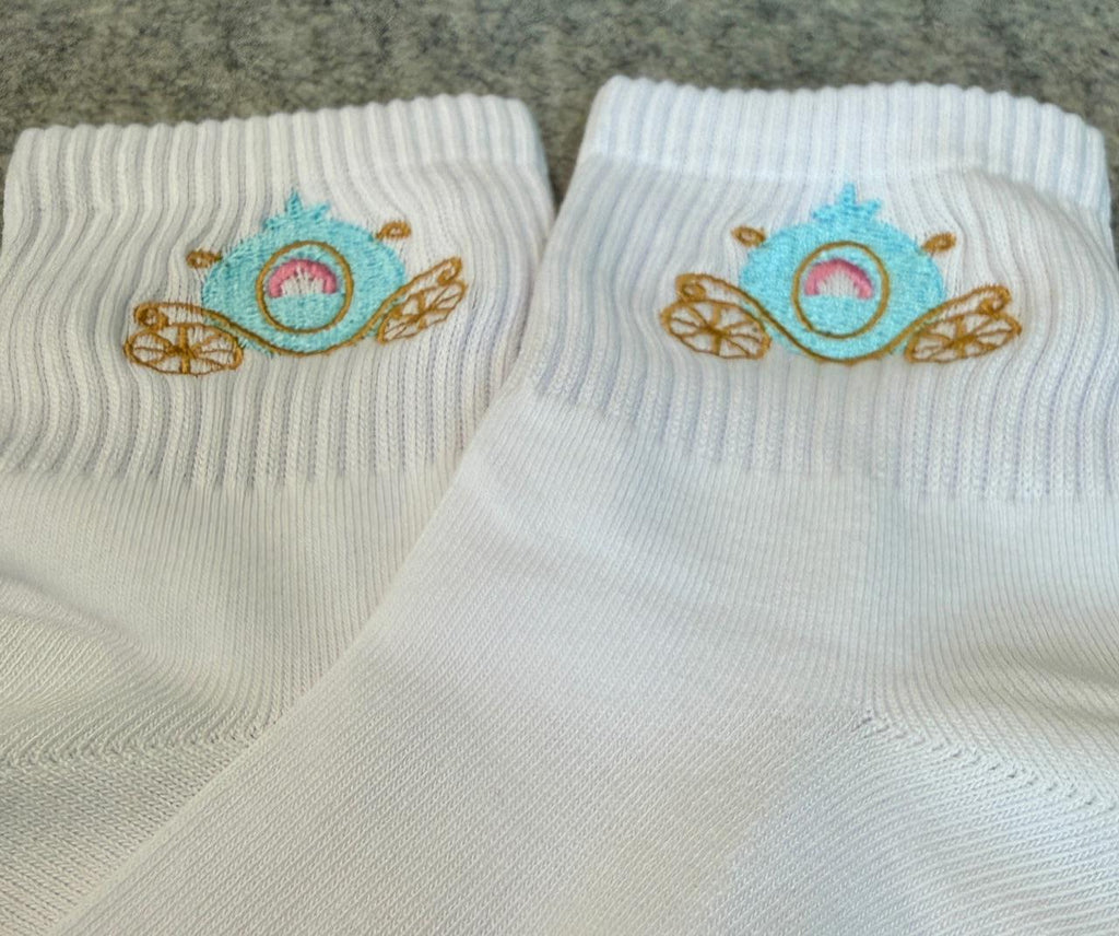 Ladies socks Embroidered with Cinderella's Carriage, so you arrive in style.