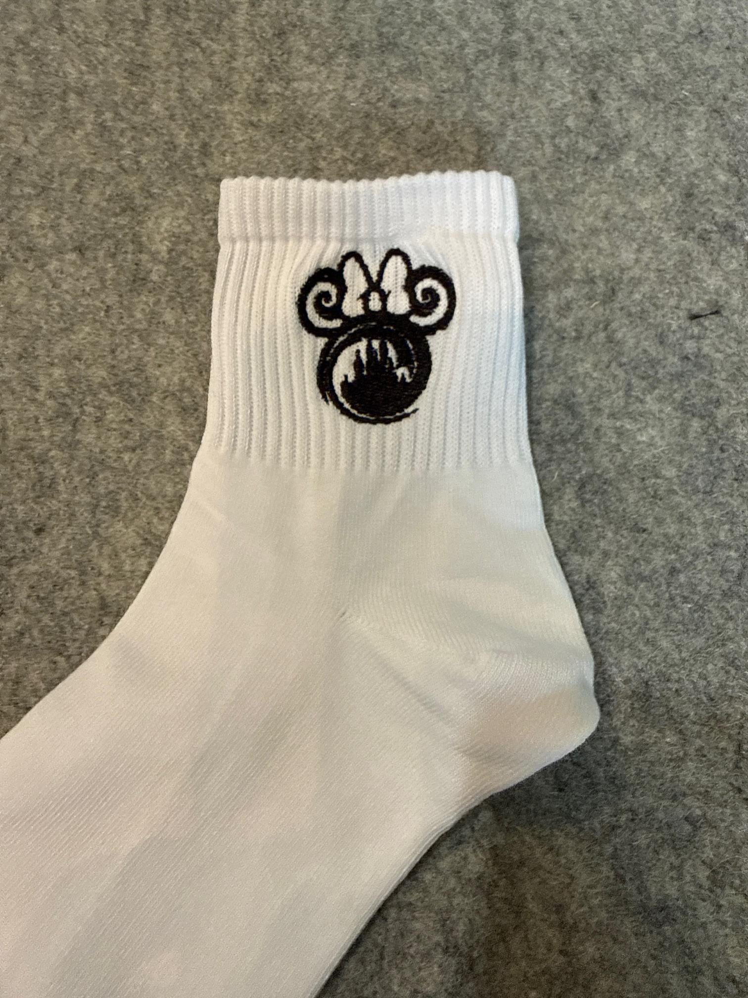 Black & White Castle under the Bow.  Magic Kingdom inspired Ladies Embroidered Socks
