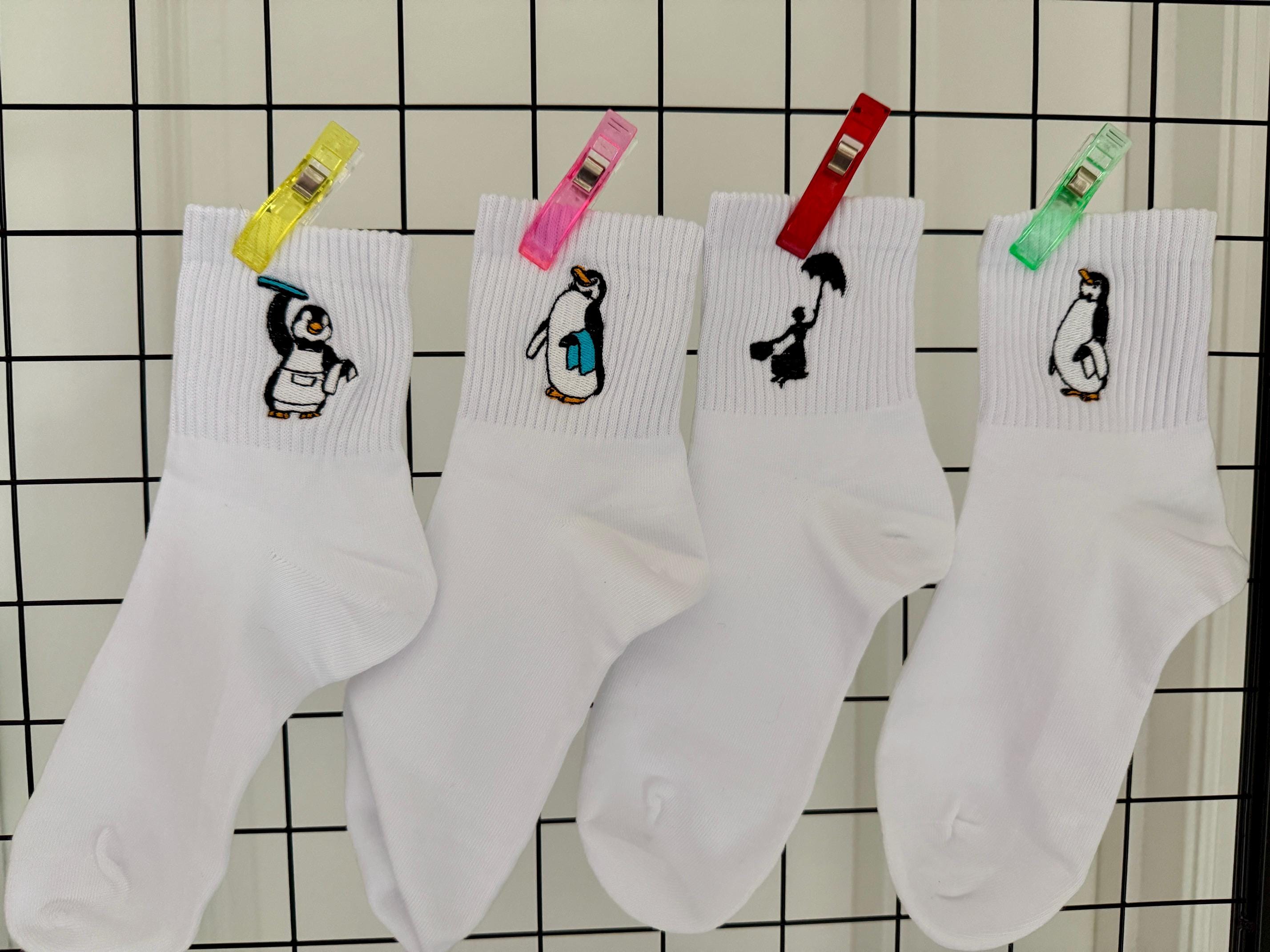 Penguin Waiter with Blue Towel Embroidered Ladies Socks