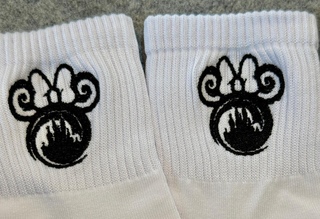 Black & White Castle under the Bow.  Magic Kingdom inspired Ladies Embroidered Socks