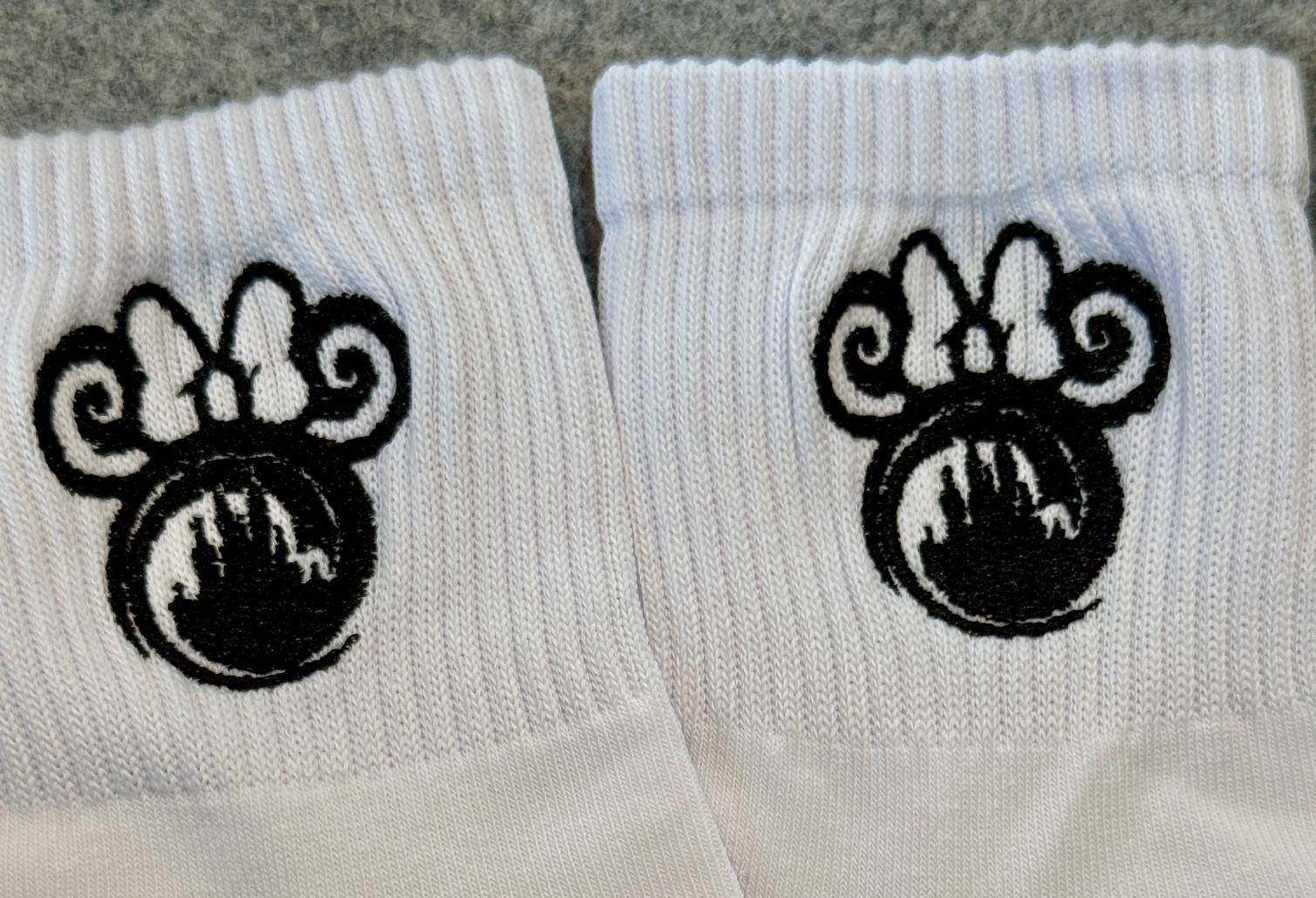 Black & White Castle under the Bow.  Magic Kingdom inspired Ladies Embroidered Socks
