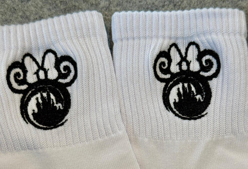 Black & White Castle under the Bow.  Magic Kingdom inspired Ladies Embroidered Socks