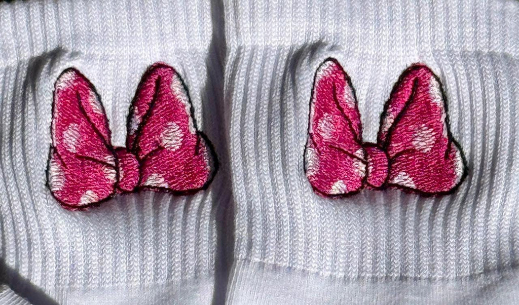 Hot Pink Polka Dot Bow Embroidered Ladies Socks.