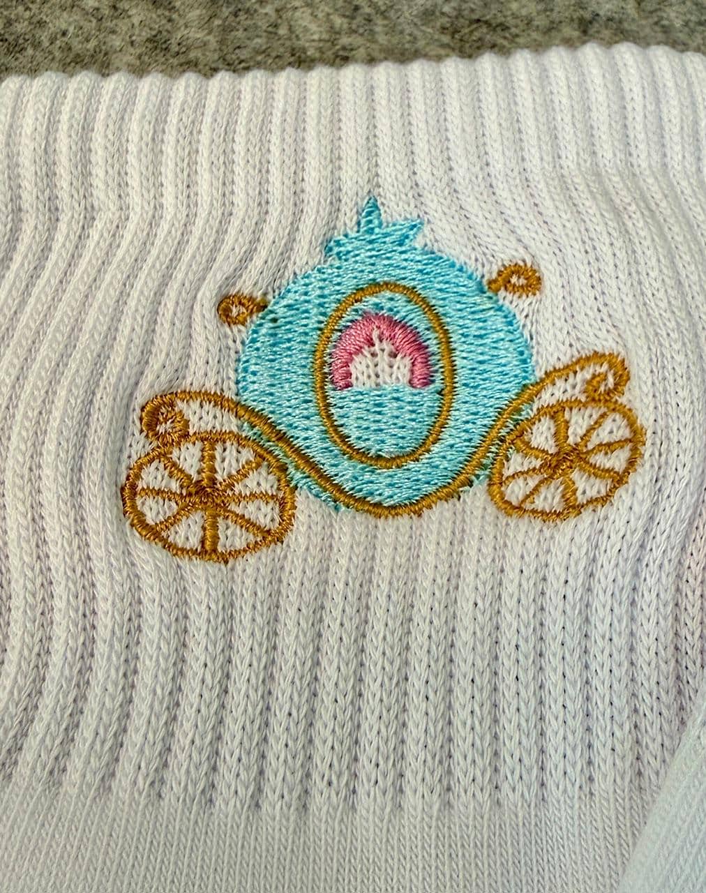 Ladies socks Embroidered with Cinderella's Carriage, so you arrive in style.