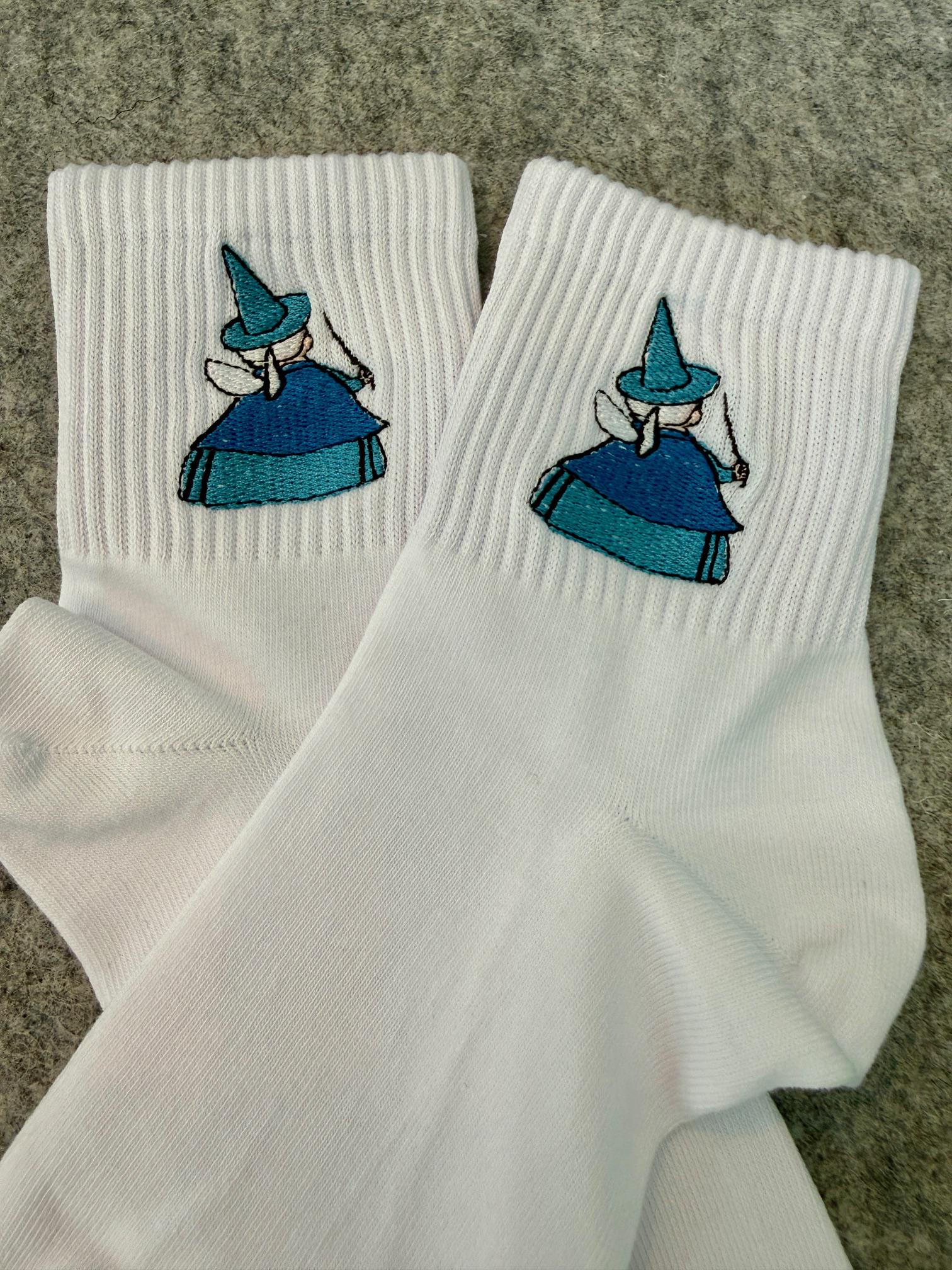Ladies Socks Embroidered with Merryweather, the fairy from Sleeping Beauty.