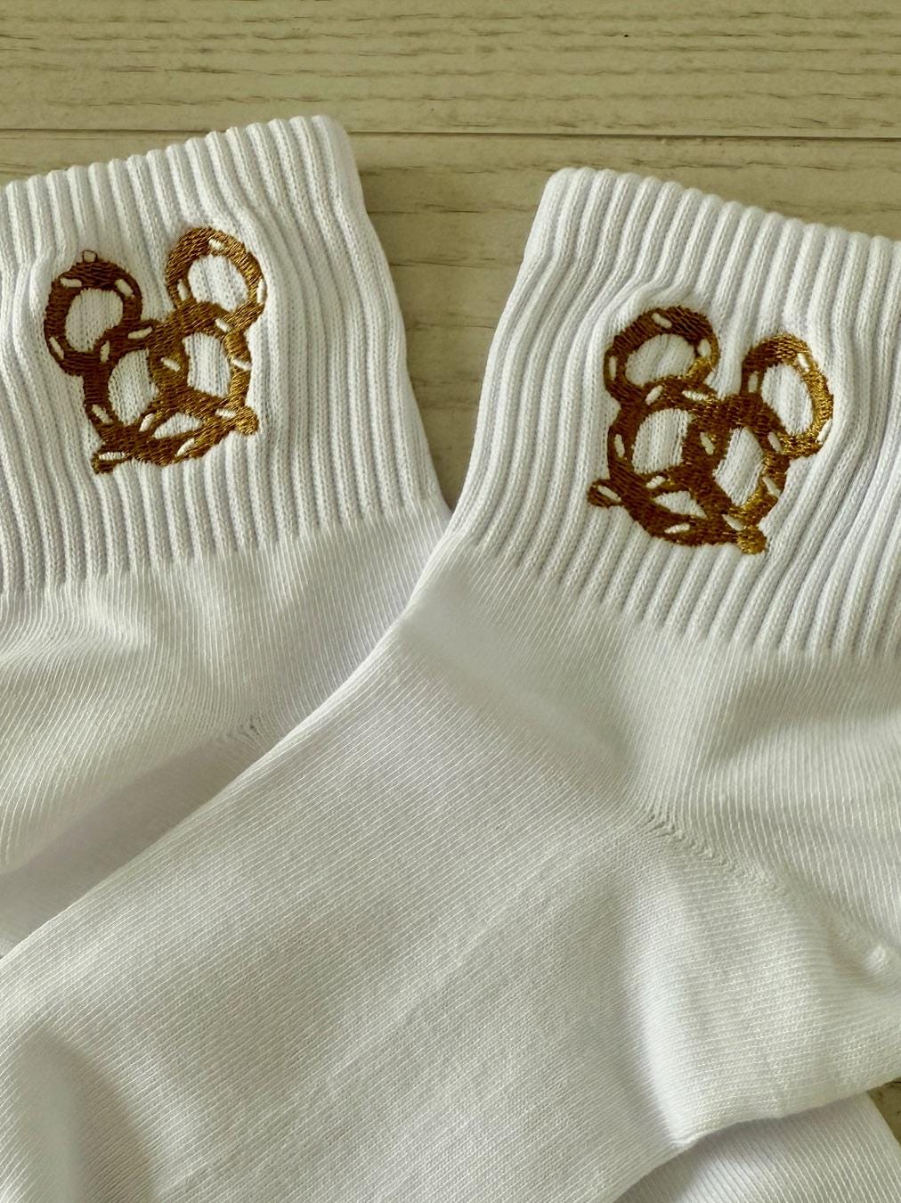 Mickey Pretzel Embroidered Ladies Socks.  Perfect for the snack loving Disney fan.