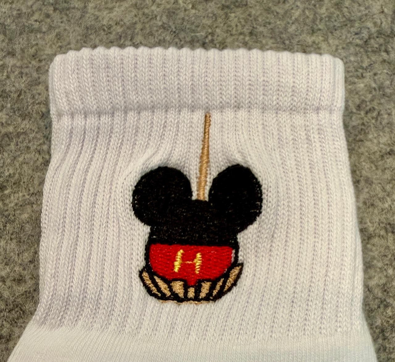 Mickey Candied Apple Embroidered Ladies Socks look good enough to eat, but not recommended.