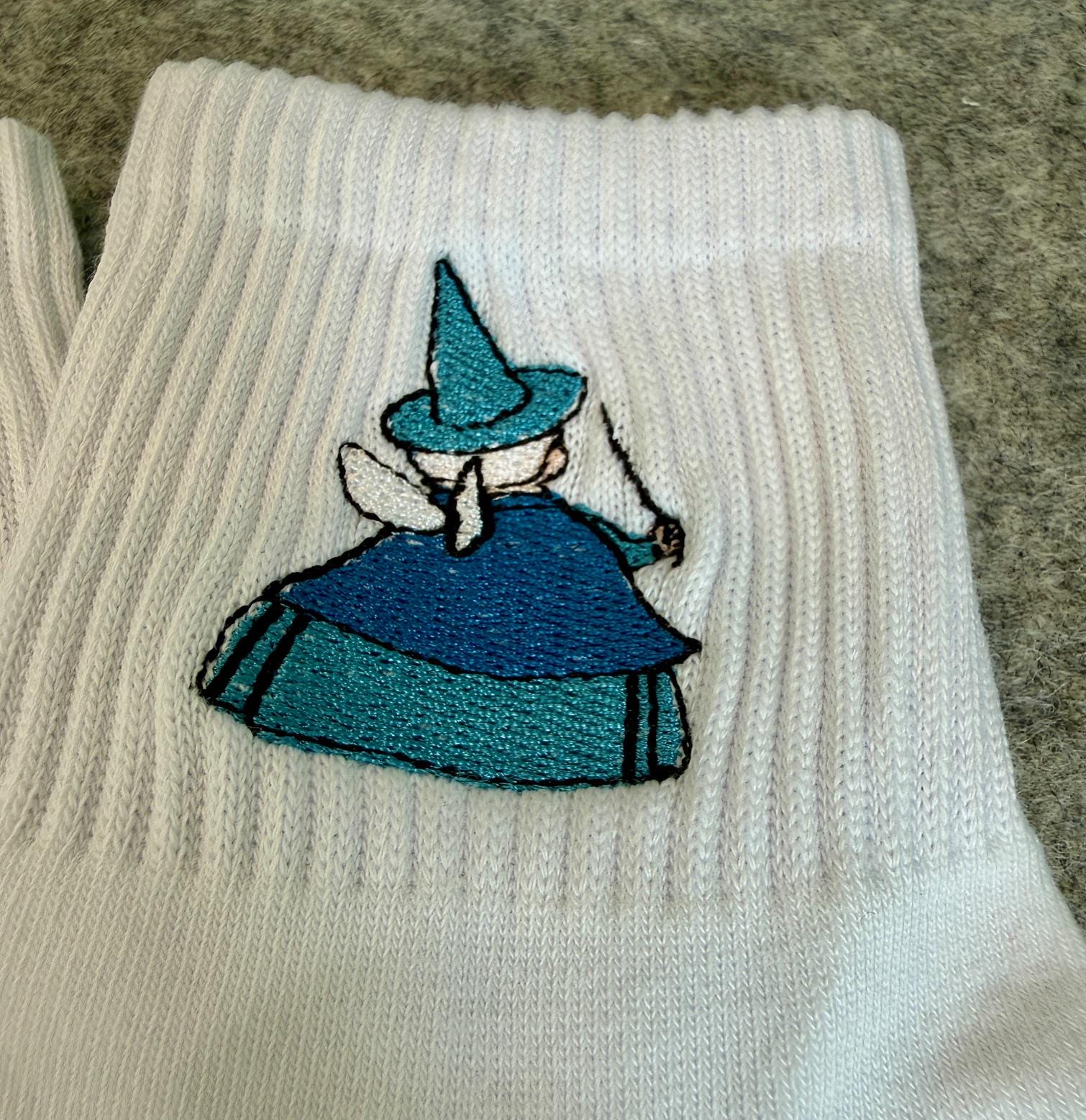 Ladies Socks Embroidered with Merryweather, the fairy from Sleeping Beauty.