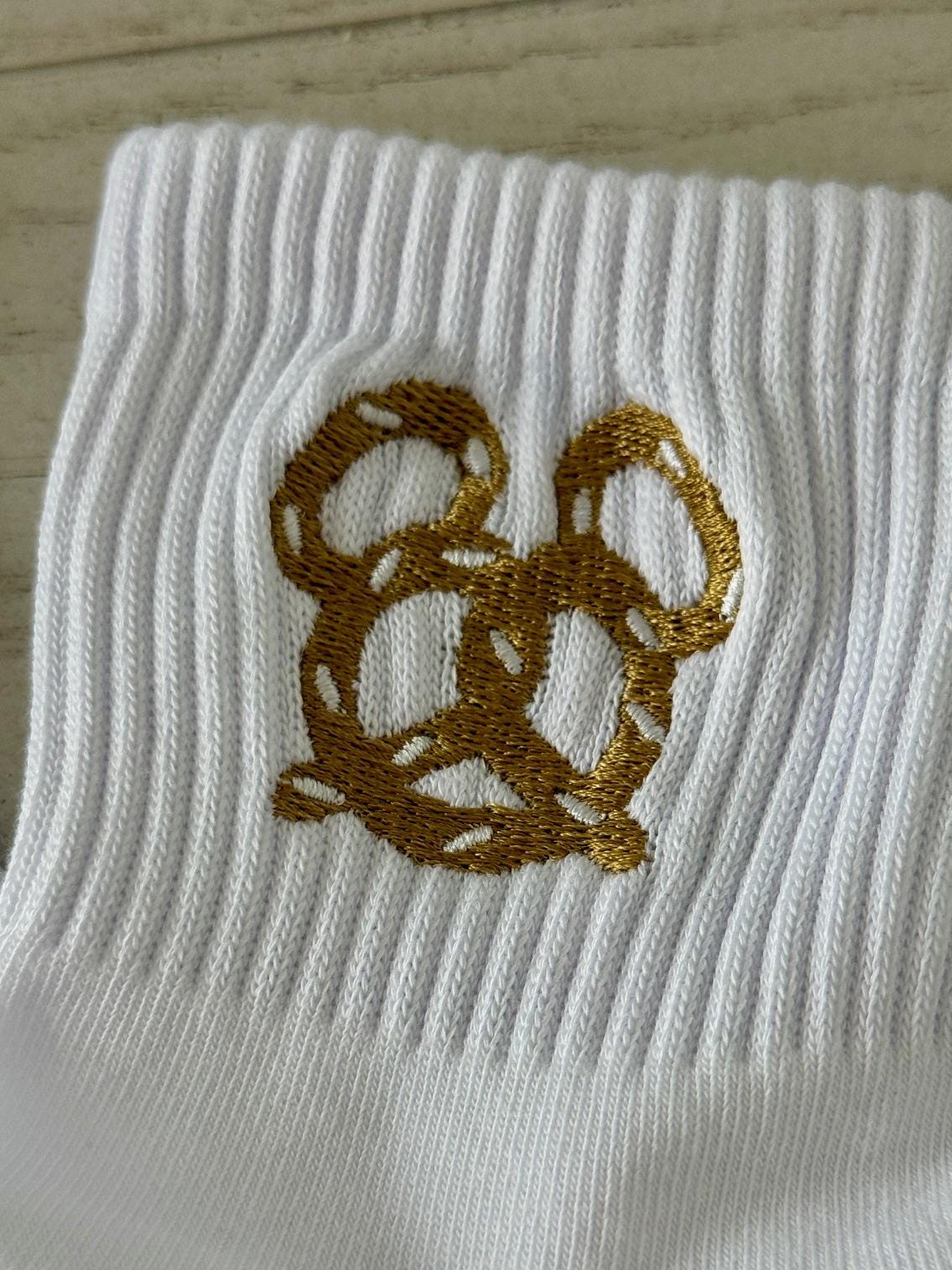 Mickey Pretzel Embroidered Ladies Socks.  Perfect for the snack loving Disney fan.