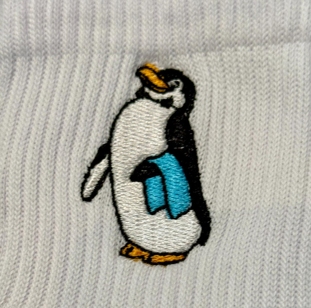Penguin Waiter with Blue Towel Embroidered Ladies Socks