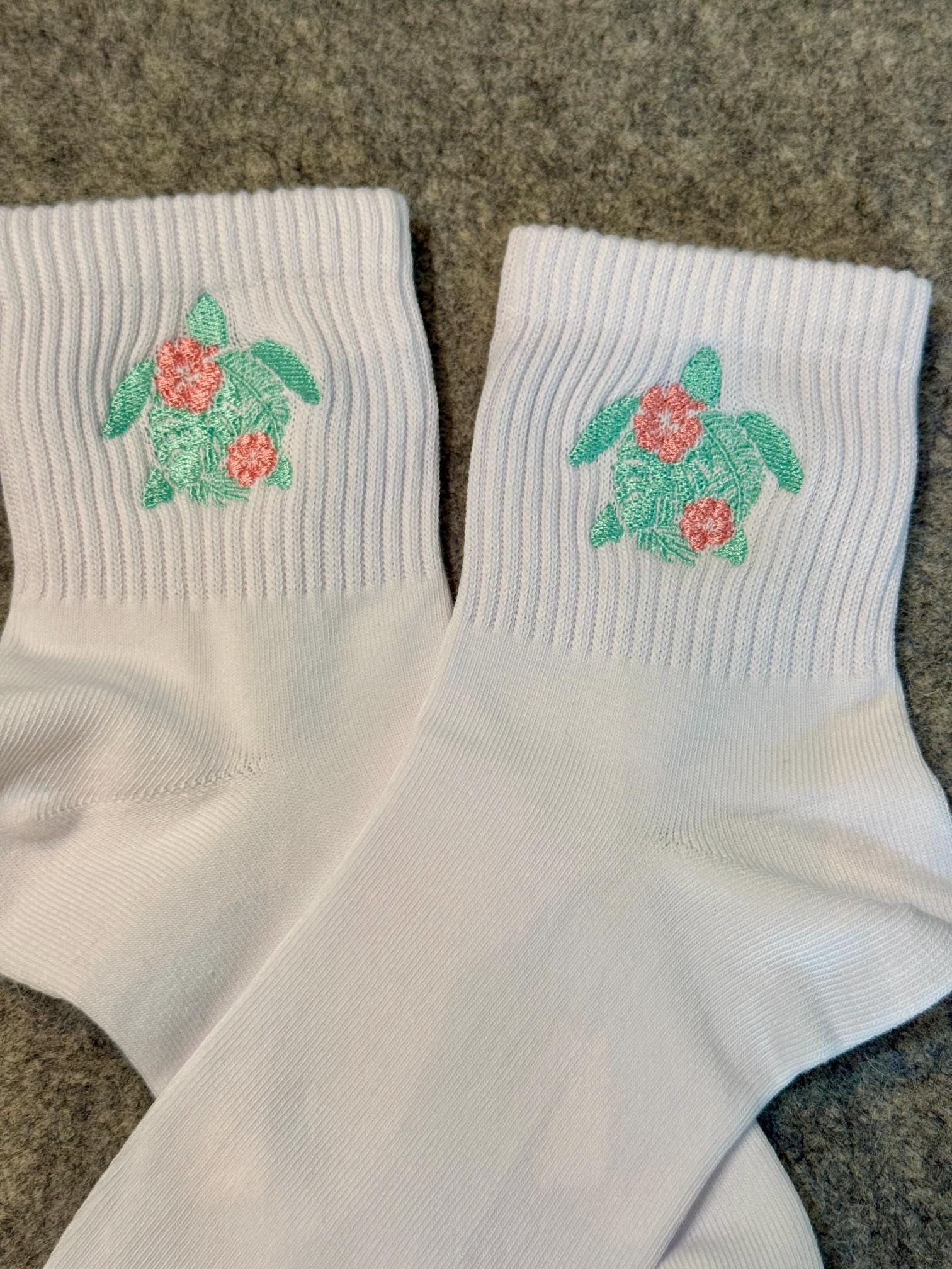 Flowering Sea Turtle Embroidered Socks for Ladies.