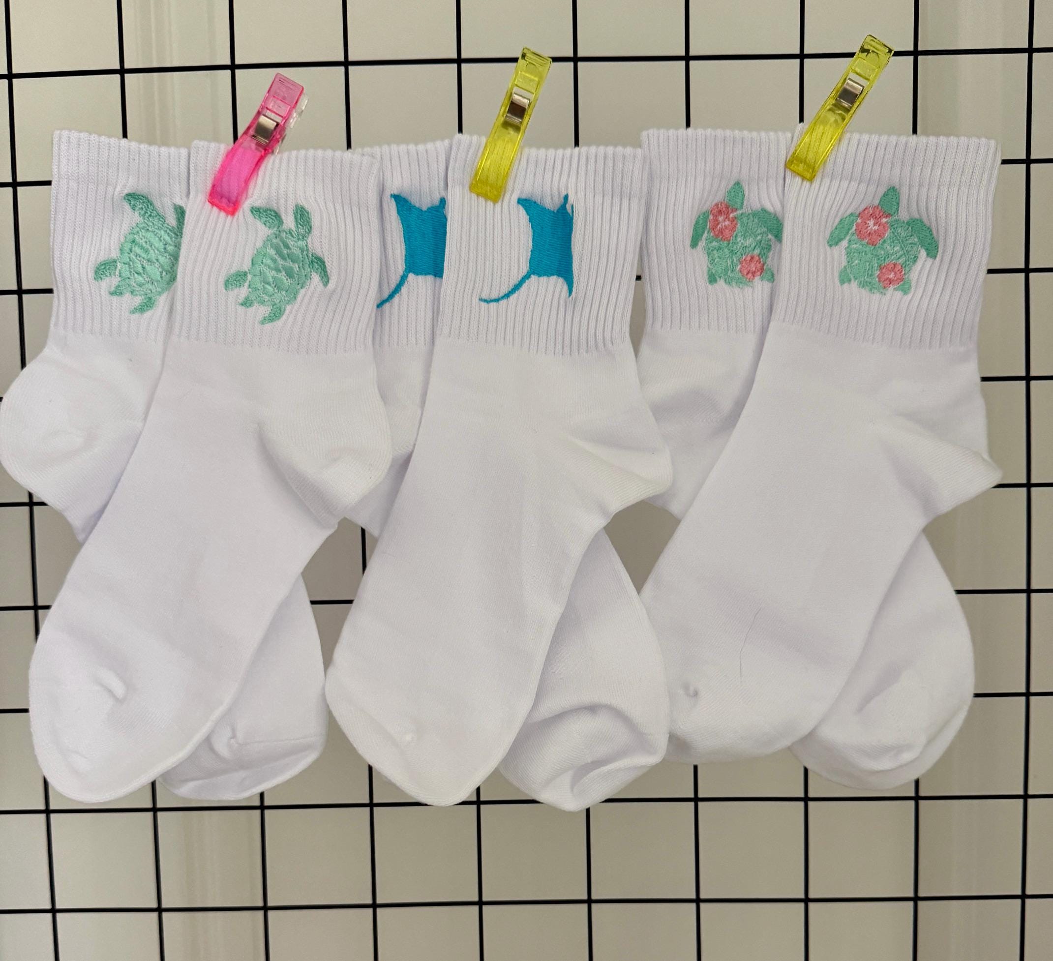 Flowering Sea Turtle Embroidered Socks for Ladies.